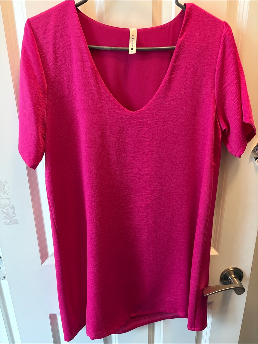 Women's V-Neck Short Sleeve Dress- Hot Pink